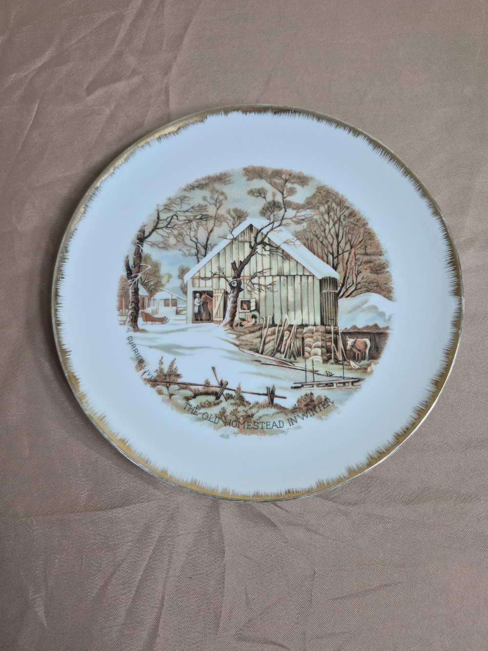 Vintage Currier and Ives "The Old Homestead in Winter" Gold Trim